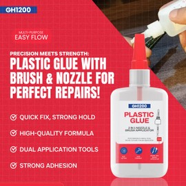 GH1200 (2-in-1) Super Glue for Plastic with Brush Applicator & Nozzle for Toys, Crafts, DIY & More, No Stain Plastic Glue/Model Glue