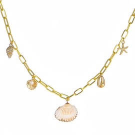 Rinbuz Seashell Cowrie Conch Shell Starfish Charm Necklace, Gold Paperclip Chain Chunky Statement Beach Neckaces for Women Trendy