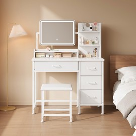 YeTom Vanity Desk with Mirror and Lights, Makeup Vanity Desk with 4 Fabric Drawers & Storage Shelves & Chair, 3 Color Modes & Adjustable Brightness, White Vanity, Vanity Set, Bedroom Furniture