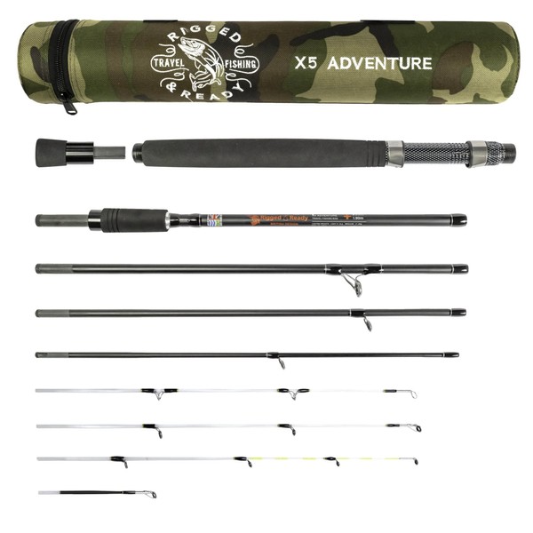 Rigged and Ready X5 ADVENTURE Travel Fishing Rod. Super Compact Travel Rod. 1 rod 5 fishing options. 2.2m (7’ 2”) + 1.9m (6'3") lengths. The multi-function spin, baitcast, fly, travel fishing rod