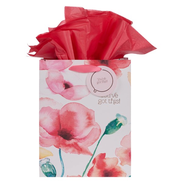 Heartfelt Gift Bag Set w/Tissue Paper You've Got This Floral Design, Coral Poppies, Medium, for Birthday's, Mother's Day, Easter, Bridal Showers, Graduation, All Occasion