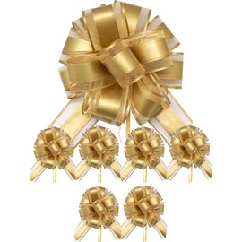 6 Pcs Large Pull Bows,Delicate Puffy Bows for Gift Wrapping,Versatile Pull Bow,Pre-tied And Shiny Gold Bow,for Flower Gift Boxes,Christmas Wrapping,Wedding,Party,Birthday,Valentine's Day Decoration