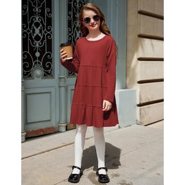 Arshiner Girls Long Sleeve Dress Fall Cotton Crewneck Tiered Ruffle Swing Solid Casual Midi Dresses Wine Red 8-9 Years