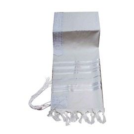 100% Wool Tallit Prayer Shawl in White and Silver Stripes Size 47" L X 68" W (Size 50)