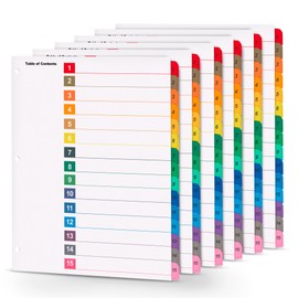 Tab Dividers for 3 Ring Binders – 6 Sets, 1–15 Numbered Index Dividers with Table of Contents – 8.5 x 11 in, 3-Hole Punched – Binder Dividers for School, Office, Filing, Organizing - 6 Pack