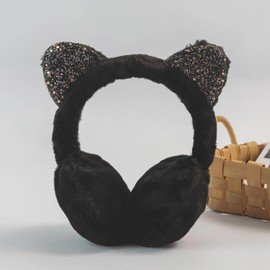 Sunch Craft Girl Ear Muffs Cute Cat Ear Furry Plush Earmuff Bling Sequin Ear Warmers Winter Outdoor Women Earmuff (black)