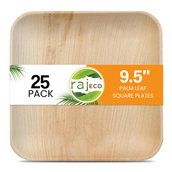 Raj Disposable Palm Leaf Plates [25-Pack] Large Square Plates Strong and Reusable Party Plates Like Bamboo Plates - Decorative Compostable Tableware for Lunch, Dinner, Birthday, Outdoor BBQ.