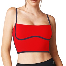 Move With You Sleeveless Spaghetti Strap Padded Sports Bra Tank Tops Square Neck Double Layer Workout Fitness Basic Crop Tops(Red & Navy,XL)