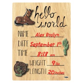 Cohas Hello World Newborn Baby Announcement Printed Wood Sign with Old West Theme, 12 by 16 Inches, Red Marker