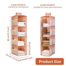 DQZSY Pack of 2 Hanging Shelves Wardrobe, 4 Compartments Hanging Organiser Cupboard, with 12 Mesh Side Pockets for Family Cupboard, Bedroom, Foldable and Universal Fit (Grey & Pink)