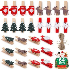 GeeRic Pack of 60 Christmas Wooden Clips, Christmas Tree Photo Clips, Elk Gloves, Snowflake Clothespins, DIY Photo Clips, Christmas Decoration