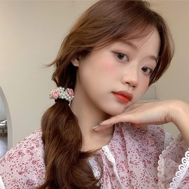 Xiwstar 2Pcs Pearls Hair Elastics & Ties Ponytail Holders Rose Flower Pigtail Ties Headwear Scrunchies Hair Accessories for Women Girls