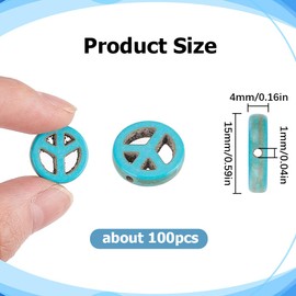 SUNNYCLUE 1 Box 100Pcs Turquoise Beads Peace Sign Beads Bulk Flat Round Stone Beads 15mm Lucky Healing Energy Gemstone Spacer Loose Beads for Jewelry Making DIY Earrings Bracelet Necklace Women Gift