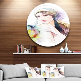 Designart "Woman with Perfume Bottle Portrait Contemporary" Metal Wall Art, 23 x 23", Yellow/Brown