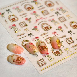 Rose Nail Stickers 5D Embossed Cute Bear Nail Designs 3D Self-Adhesive Bow Nails Supplies Flower Wreath 3D Rhinestone Nail Decals for Nail Art Summer Nail Art Decoration for Women Girls DIY 1 Sheet