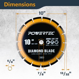 POWERTEC 10" Laser-Welded Segmented Diamond Saw Blade for Wet Tile Saw, Diamond Blade for Cutting Cured Concrete, Block, Brick, Pavers, Masonry, 10 inch Diamond Blades for Wet/Dry Cutting, 1PK (14012)