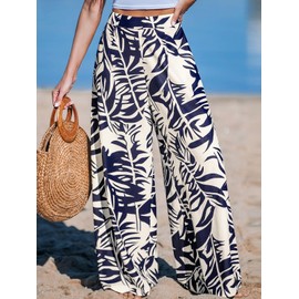 CUPSHE Women Pants Tropical Floral Wide Leg Pants Straight Leg Fit Casual Dressy Blue L