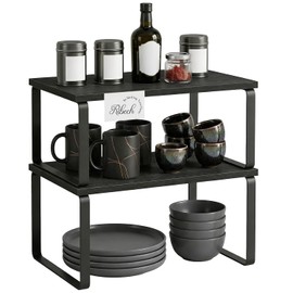 Spice Rack Set of 2 Bamboo and Metal Kitchen Organiser with Expandable Design, Ink Black Stackable Shelf, Cupboard Organiser Kitchen