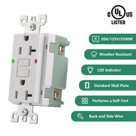 Wengart Weather-Resistant GFCI Outlet,Automatic Trip Protection,1pack,20Amp,125VAC 60Hz,Back &Side Wire,UL Certified,White