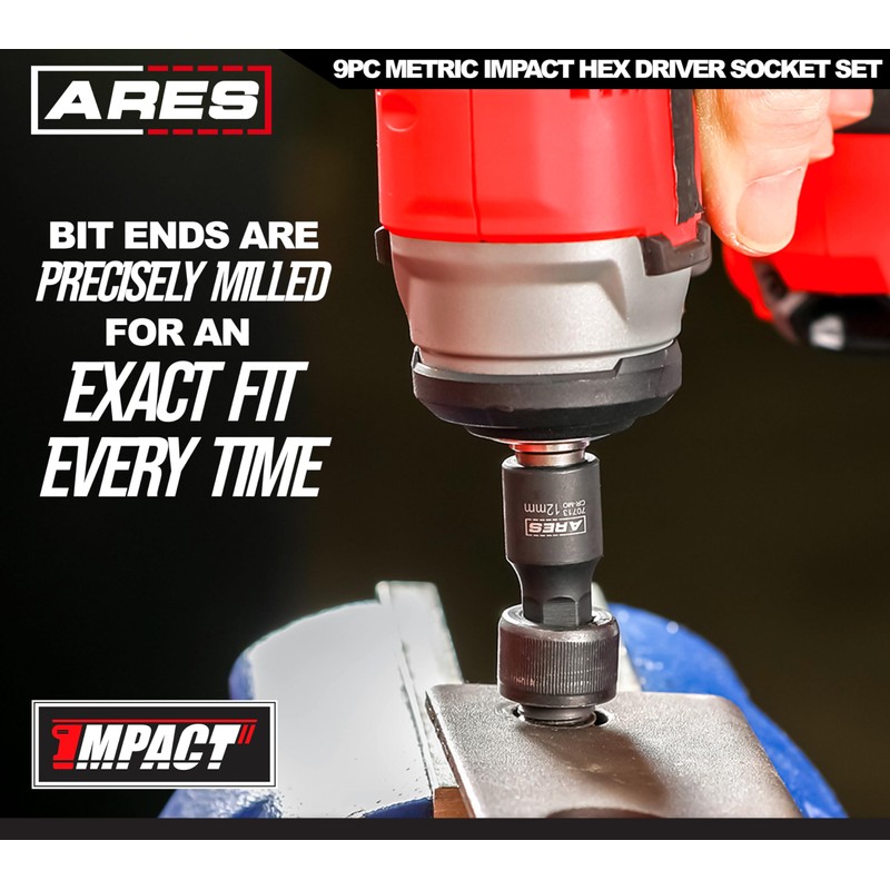 ARES 70497-9-Piece Metric Impact Hex Driver Set - Chrome Moly