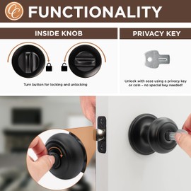 Copper Creek Matte Black Door Knobs - Round Colonial with Privacy Locking Function for Home Improvement - Interior Door Knobs Fits All Standard - Locking Door Knob for Bedroom & Bathroom - 1 Pack