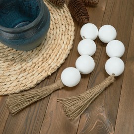 OMISHE Extra Large Wood Bead Garland with 2" Diameter Wooden Beads, 25.5" Long Rustic Farmhouse Wooden Beads Garland with Tassels, Decorative Beads Boho Decorations for Home Table Mantle White