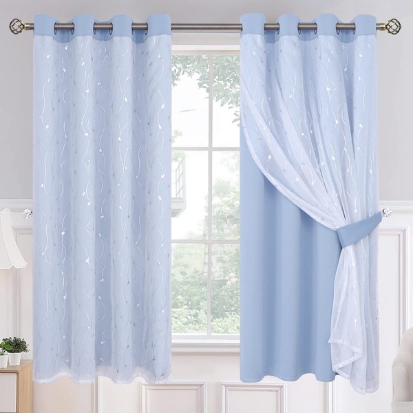 BGment Blackout Curtains with Sheer Overlay, Silver Printed Tulle Double Layer Curtains for Living Room, Grommet Thermal Insulated Window Curtains for Bedroom, 2 Panels Each 52 x 63 Inch, Light Blue