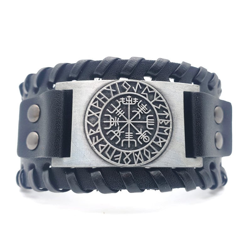 Vikings Vegvisir Viking Compass Leather Bracelet Metal Black Silver, Zinc