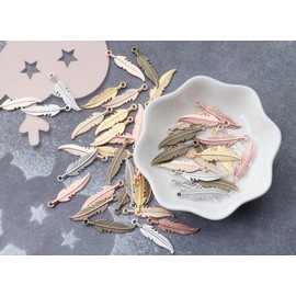 Ruwado 50 Pcs Feather Leave Charm Metal 1 x 0.26 Inch Small Vintage Pendants Supplies for Jewelry Making Finding Kit Accessories Bracelets Necklace Earring Christmas DIY Decoration (Colorful)