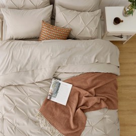 Bedsure Beige Comforter Set Queen - Bed in a Bag Queen 7 Pieces, Pintuck Bedding Sets Beige Bed Set with Comforter, Sheets, Pillowcases & Shams