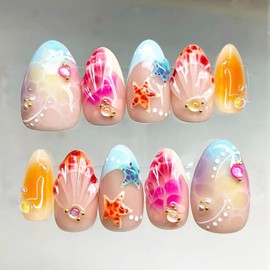 30pcs French Tip Press on Nails Medium Almond Fake Nails with 3D Starfish Shell Pearl Gold Beads Rhinestones Designs Summer False Nails Beach Acrylic Nails Kit Full Cover Stick on Nails for Women