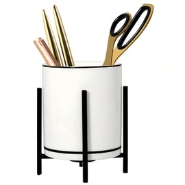 MONOSUGO Ceramic Pencil Cup for Desk, White and Black Pen Holder for Desk, Desktop Makeup Brush Holder, Black Ceramic Pencil Holder