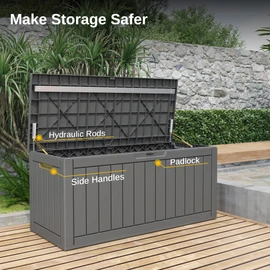 EAST OAK Outdoor Storage Box, 90 Gallon Deck Box, Waterproof Resin Storage Bin for Patio Cushions, Gardening Tools, Lockable, UV Resistant, Grey