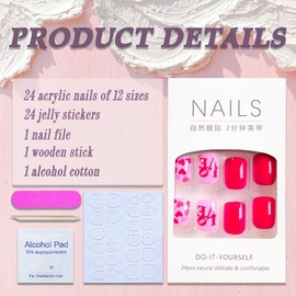 Valentines Press on Nails Short Square French Tip Fake Nails Rose Pink Full Cover Heart False Nails with Love Designs Glossy Glue on Nails Acrylic Nails Manicure Artificial Nails for Women Girls 24Pcs