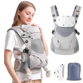 Cangurera de Bebé Ajustable Portátil, Mochila Ergonómica Bebé con Toalla de Saliva y Sombrero para El Sol, Portabebés con Bolsa de Almacenamiento para Niños de 0-36 Meses, Hasta 30 kg(Gris)