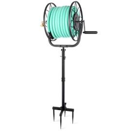 Favormony 2025 Garden Hose Reel - Heavy Duty Outdoor Turntable Water Hose Holder, 100 ft Hose of 5/8" with Sturdy Cross Base, Height Adjustable 360 Degree Rotate Freestanding Hose Stand for Yard Lawn