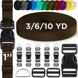 TECEUM Buckles & Strap Kit – 1" Brown Nylon Webbing 6 (yd) – 6 Heavy Duty Adjustable Plastic Buckles – 12 Tri-Glide Slide Clips – 6 Metal D-Ring – Ideal Straps for Arts Crafts Outdoors Indoors DIY