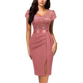 Miusol Women's Classy V-Neck Glitter Sequin Lace Cap Sleeve Cocktail Party Dress (Small, Cinnamon Pink)