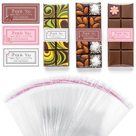 MBAIYO Chocolate Bar Wrappers, Self Adhesive Candy Rod Covers with Thank You Stickers Individually Wrapped Clear film Packaging for Cereal Truffle(white pink brown,205)