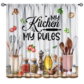 JanJCurt Rustic Kitchen Curtains, Vintage Farmhouse Country Fresh Vegetables Mushroom Herbs Spices Chili Pepper Funny Quotes Rod Pocket Window Curtains for Bedroom Living Room 42x45 Inch