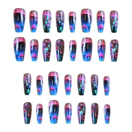 Spring on Nails Medium Coffin Fake Nails Purple Blue False Nails with Pink Mushroom Designs Flower Glue on Nails Spring Stick on Nails Summer Full Cover Cute Acrylic Nails Glossy Artificial Nails