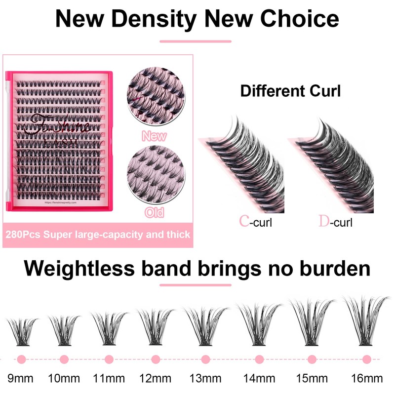 Cluster Eyelash Extensions, 280pcs 40D, 0.07 D Curl 13mm Natural