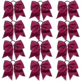 Hipcheer Large Rhinestones Cheer Hair Bows,12 PCS Glitter 7" Cheer Bows Ponytail Holder Girls Hair Bows for Cheerleaders Girls Softball Sports Competition (Maroon)