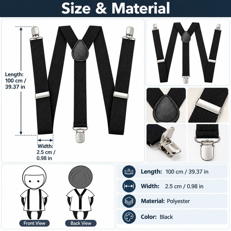 Black Y-Back Suspenders for Men and Women – Adjustable Polyester