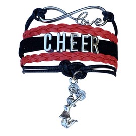 Cheer Charm Bracelet- Girls Infinity Love Adjustable Cheerleading Jewelry in Team Colors For Cheerleader (Red/Black)
