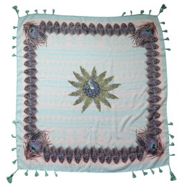 Lina & Lily Multi-Patterns Flower Geometric Tribal Aztec Paisley Print Square Scarf Shawl with Tassels (Peacock geometric - aqua)