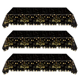 CIEOVO 3 Pieces Happy New Year Tablecloths Plastic Black Gold New Year Table Cover Disposable Rectangle New Year Tablecloths for 2025 New Years Eve Party Decorations Supplies