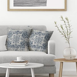 Gohdiwh Boho Pillow Covers 20x20 Set of 2, Ethnic Design Decorative Throw Pillows Linen Blue Carpet Pattern Farmhouse Cushion Pillow Covers for Sofa Couch Outdoor Decor