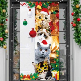 Christmas Door Cover Cute Santa Cat Front Door Covers Decoration 71x36 Inch, Merry Christmas Banner for Holiday Parties, Winter Xmas Decor, Festive Backdrop for Home & Office