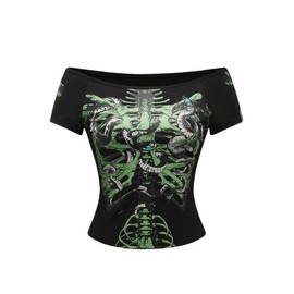 SOLY HUX Women's Goth T Shirts Emo Off The Shoulder Y2K Grunge Graphic Tees Short Sleeve Tight Fitted Crop Tops Black Graphic Small